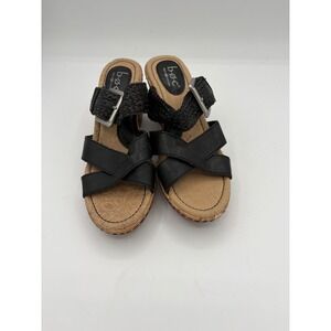 B.O.C. Born Concept Black Wedge Sandals Braided Buckle Strap Cork Heel Womens 6M